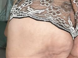 Very chubby old woman with huge tits wears black lingerie and has a wet pussy
